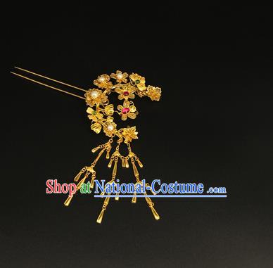 China Traditional Court Golden Flowers Hair Stick Handmade Hair Accessories Ancient Ming Dynasty Tassel Hairpin