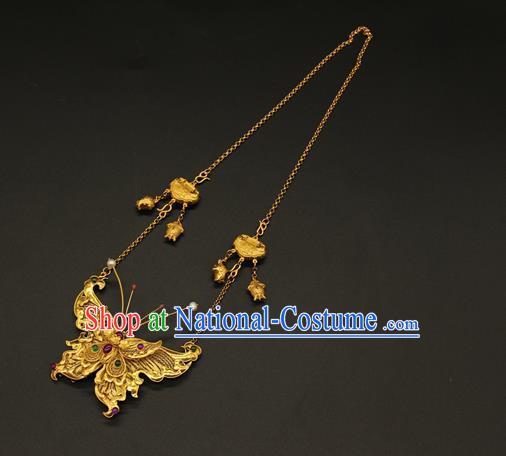 Handmade Chinese Hanfu Jewelry Accessories Traditional Ancient Imperial Consort Golden Butterfly Necklace