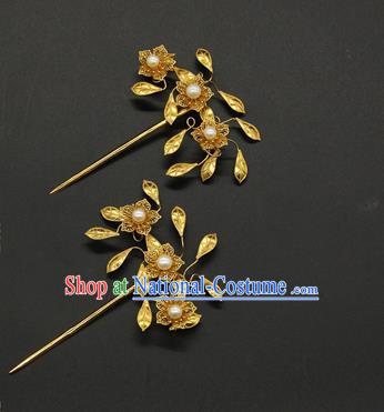 China Ancient Ming Dynasty Court Hair Accessories Traditional Handmade Golden Flowers Hairpin