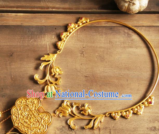 China Handmade Ming Dynasty Golden Necklace Ancient Wedding Longevity Lock