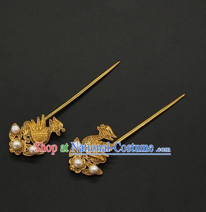 China Ancient Empress Golden Mandarin Duck Hairpin Traditional Ming Dynasty Palace Hair Accessories Handmade Court Hair Stick