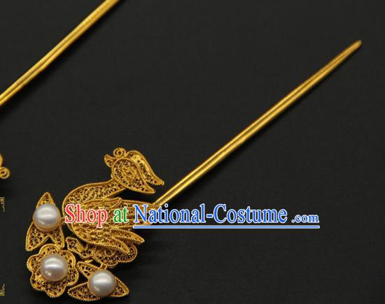 China Ancient Empress Golden Mandarin Duck Hairpin Traditional Ming Dynasty Palace Hair Accessories Handmade Court Hair Stick