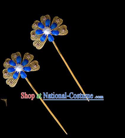 China Traditional Ming Dynasty Palace Hair Accessories Handmade Court Blueing Hair Stick Ancient Empress Pearl Hairpin