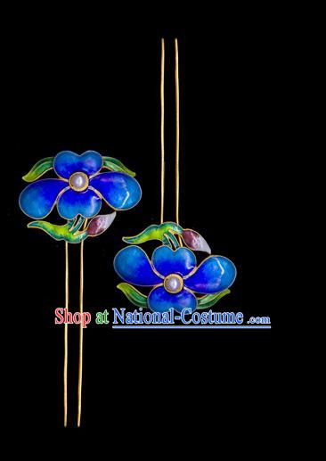 China Handmade Court Cloisonne Peony Hairpin Ancient Empress Pearl Hair Stick Traditional Qing Dynasty Palace Hair Accessories