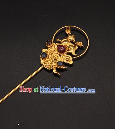 China Handmade Ming Dynasty Empress Gems Hairpin Ancient Queen Golden Cloud Hair Stick Traditional Court Hair Accessories