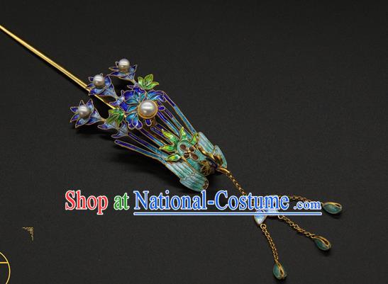 China Ancient Traditional Palace Headpiece Handmade Queen Tassel Hair Stick Qing Dynasty Empress Enamel Phoenix Hairpin