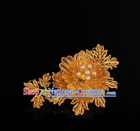 Handmade Chinese Ancient Qing Dynasty Accessories Traditional Court Golden Peony Brooch Jewelry