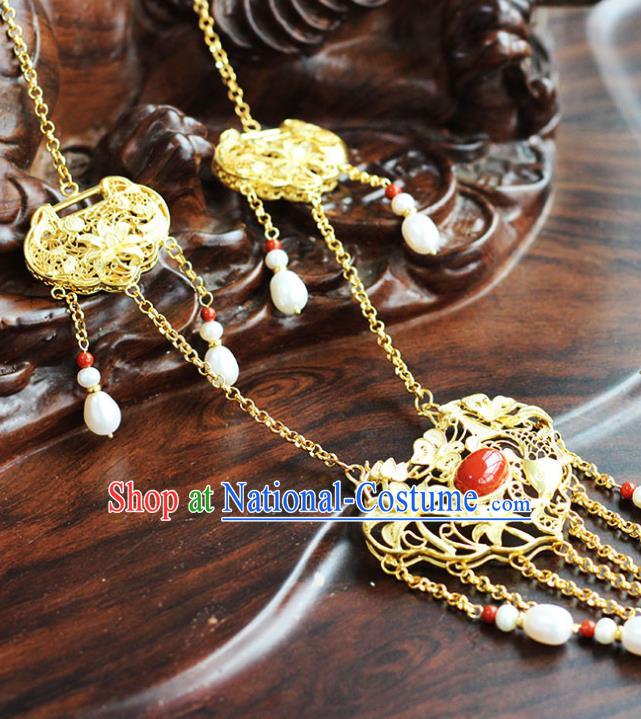 China Traditional Ming Dynasty Pearls Tassel Longevity Lock Ancient Princess Golden Necklace