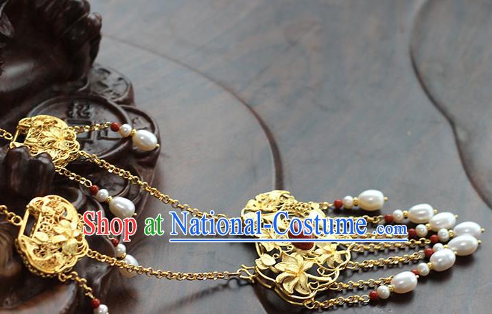 China Traditional Ming Dynasty Pearls Tassel Longevity Lock Ancient Princess Golden Necklace