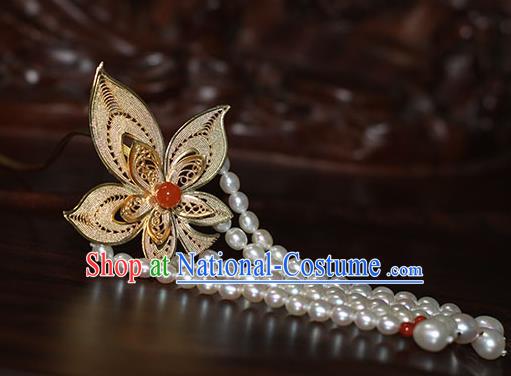 China Handmade Court Beads Tassel Hair Stick Traditional Palace Hair Jewelry Ancient Qing Dynasty Empress Golden Leaf Hairpin