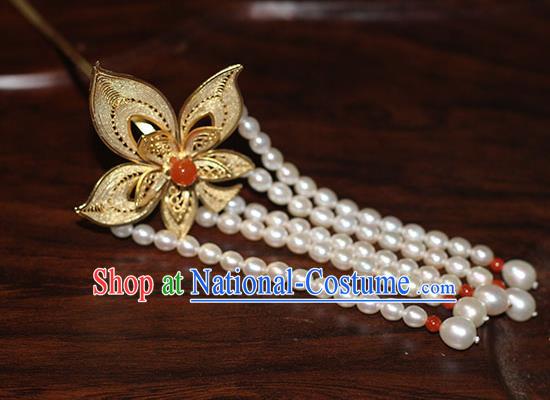 China Handmade Court Beads Tassel Hair Stick Traditional Palace Hair Jewelry Ancient Qing Dynasty Empress Golden Leaf Hairpin