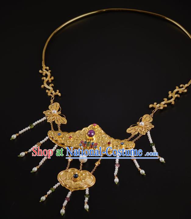 Handmade Chinese Ancient Court Queen Gems Necklace Jewelry Traditional Ming Dynasty Pearls Golden Necklet Accessories