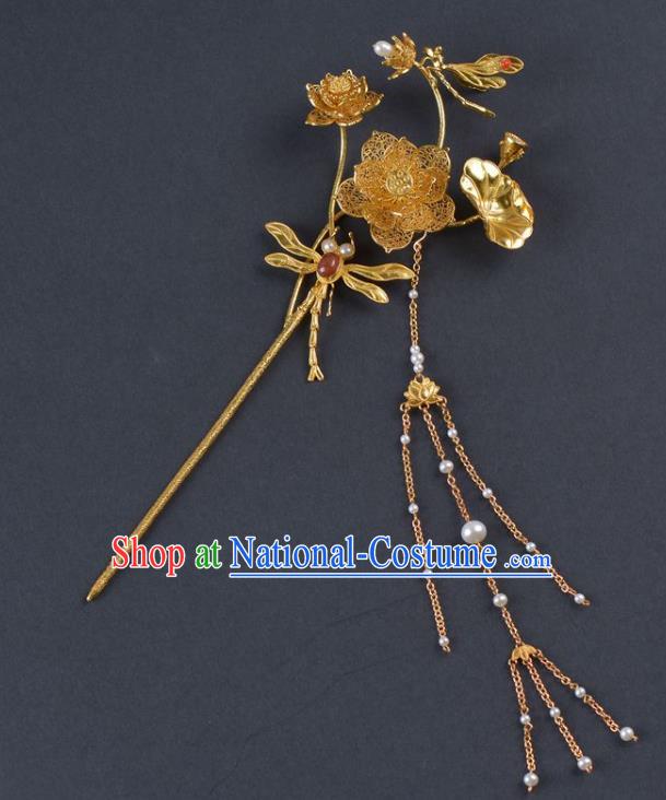 China Traditional Ming Dynasty Palace Agate Hair Stick Handmade Hair Jewelry Ancient Empress Golden Lotus Dragonfly Tassel Hairpin