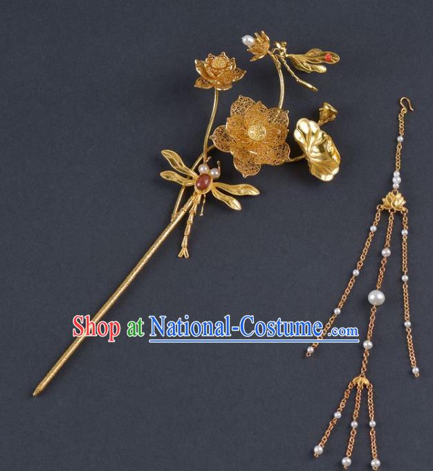 China Traditional Ming Dynasty Palace Agate Hair Stick Handmade Hair Jewelry Ancient Empress Golden Lotus Dragonfly Tassel Hairpin