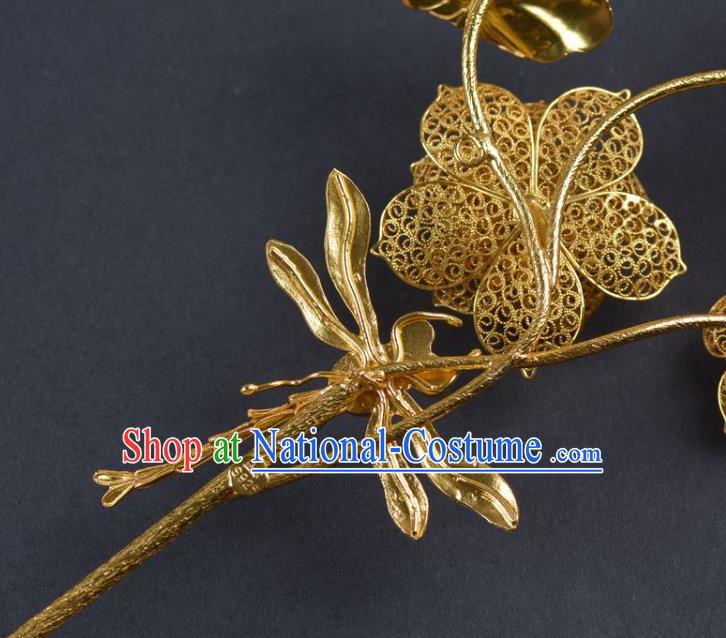 China Traditional Ming Dynasty Palace Agate Hair Stick Handmade Hair Jewelry Ancient Empress Golden Lotus Dragonfly Tassel Hairpin