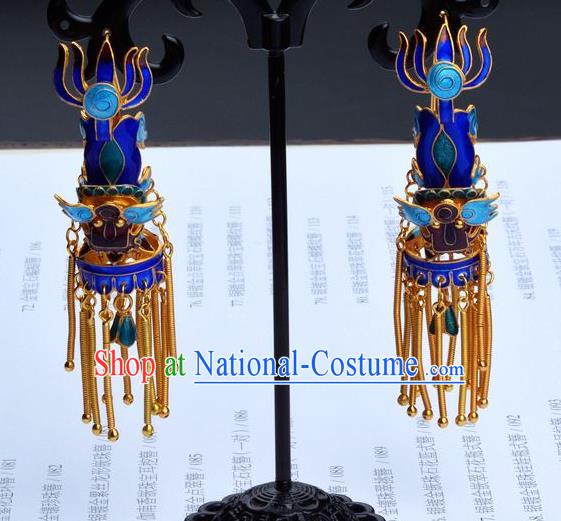 Handmade Chinese Ancient Empress Cloisonne Jewelry Traditional Qing Dynasty Court Kylin Earrings Accessories