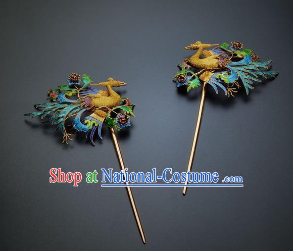 Traditional China Handmade Hair Ornament Ancient Empress Hairpin Qing Dynasty Palace Cloisonne Phoenix Hair Stick