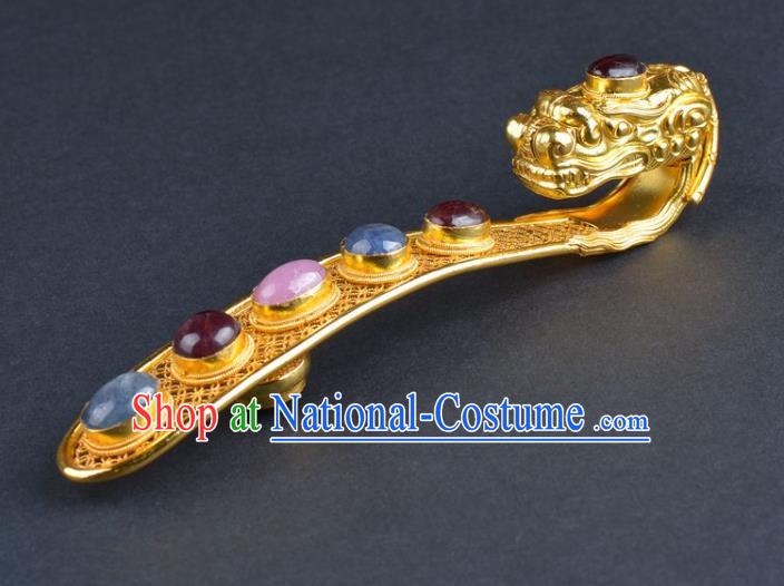 Chinese Ancient Ming Dynasty Emperor Golden Belt Hook Traditional Hanfu Gems Waist Buckle Accessories