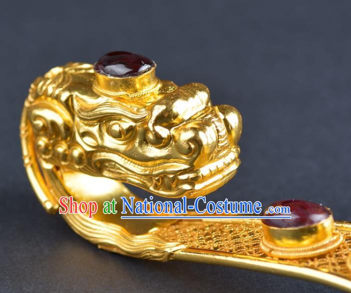 Chinese Ancient Ming Dynasty Emperor Golden Belt Hook Traditional Hanfu Gems Waist Buckle Accessories