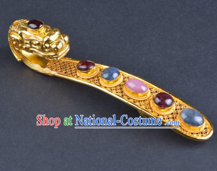 Chinese Ancient Ming Dynasty Emperor Golden Belt Hook Traditional Hanfu Gems Waist Buckle Accessories