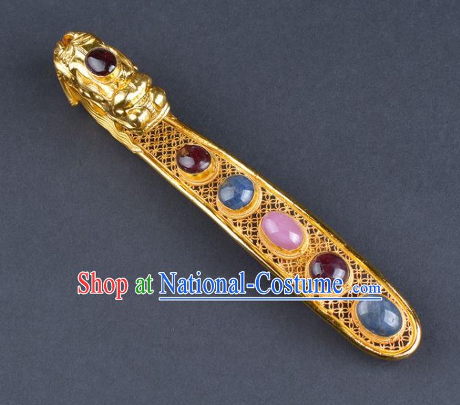 Chinese Ancient Ming Dynasty Emperor Golden Belt Hook Traditional Hanfu Gems Waist Buckle Accessories