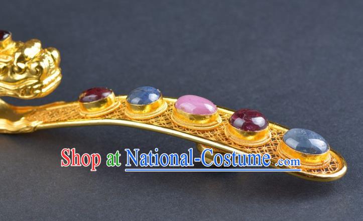 Chinese Ancient Ming Dynasty Emperor Golden Belt Hook Traditional Hanfu Gems Waist Buckle Accessories