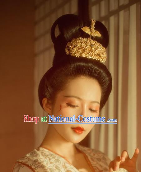 China Traditional Tang Dynasty Princess Pearls Hair Crown Handmade Hair Jewelry Ancient Hanfu Golden Hairpin Phoenix Coronet