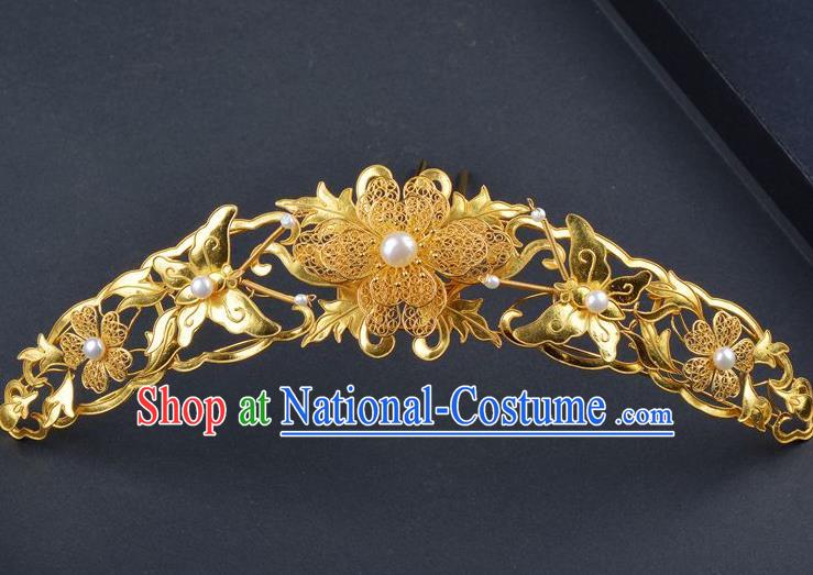 Traditional China Handmade Palace Hair Ornament Qing Dynasty Butterfly Pearls Hair Crown Ancient Empress Filigree Golden Peony Hairpin