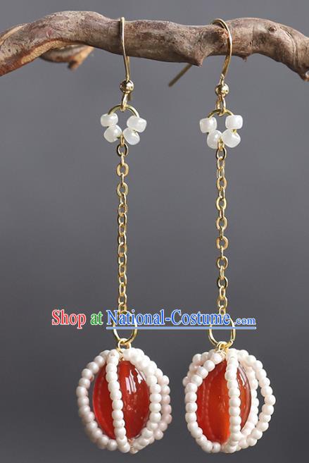 Handmade Chinese Traditional Wedding Red Agate Ear Accessories Ancient Empress Beads Earrings