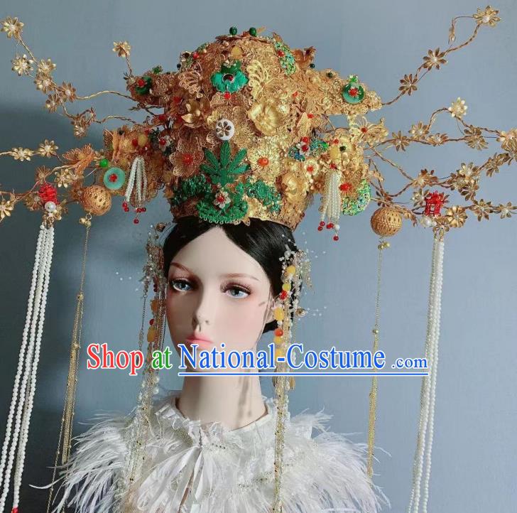 Top Grade Handmade Court Queen Deluxe Hair Crown Wedding Hair Ornament Stage Show Golden Lantern Phoenix Coronet