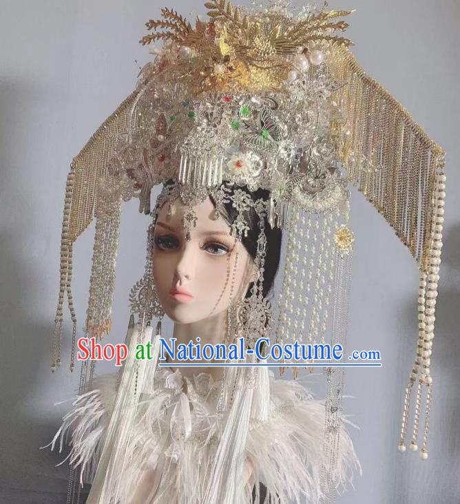 Top Grade China Wedding Hair Ornament Handmade Court Queen Deluxe Beads Tassel Hair Crown Stage Show Bride Phoenix Coronet