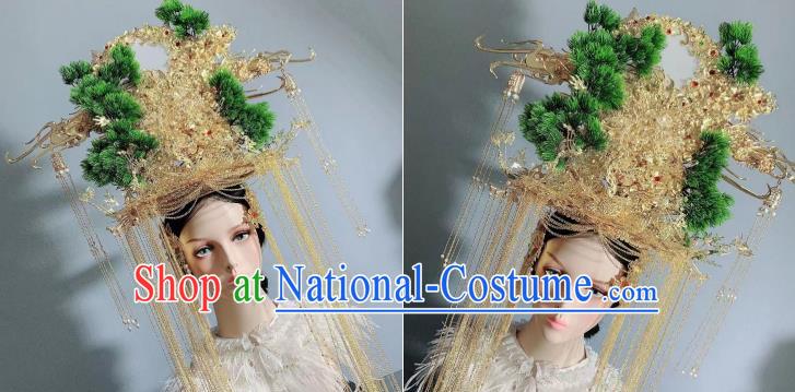 Top Grade Stage Show Bride Golden Tassel Phoenix Coronet China Wedding Hair Ornament Handmade Court Queen Deluxe Pine Hair Crown