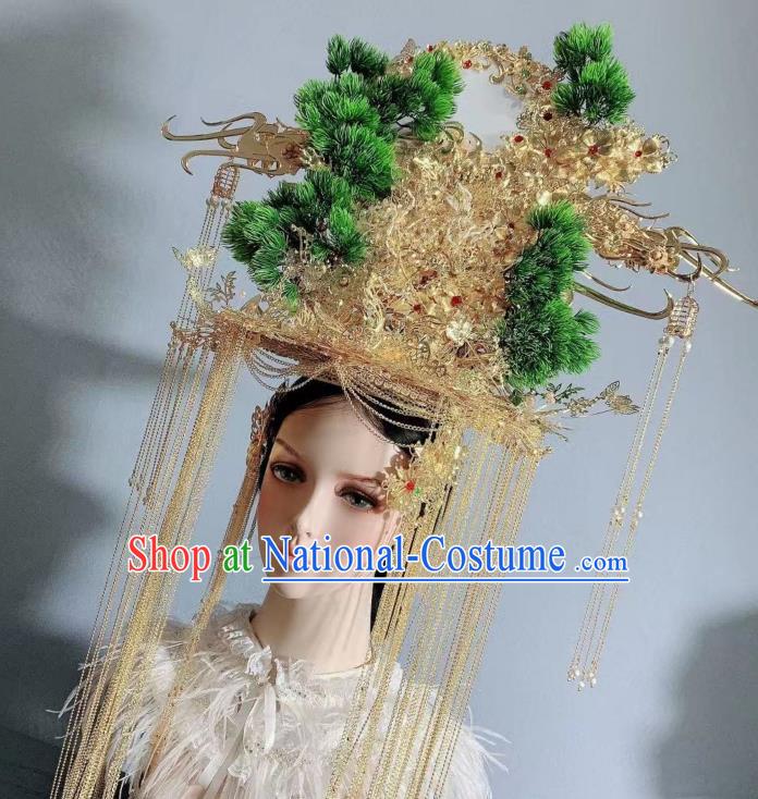 Top Grade Stage Show Bride Golden Tassel Phoenix Coronet China Wedding Hair Ornament Handmade Court Queen Deluxe Pine Hair Crown