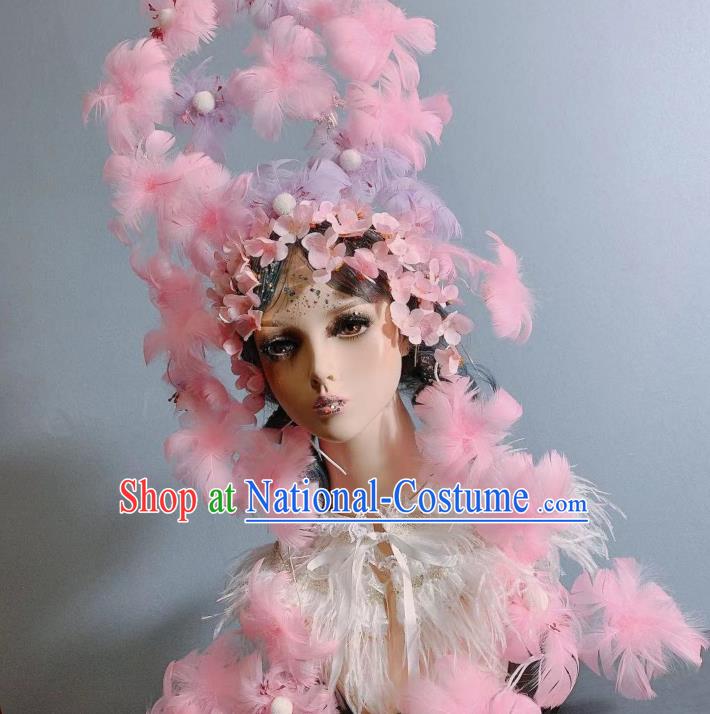 Top Baroque Wedding Bride Pink Feather Royal Crown Court Queen Deluxe Hair Accessories Handmade Stage Show Hair Ornament