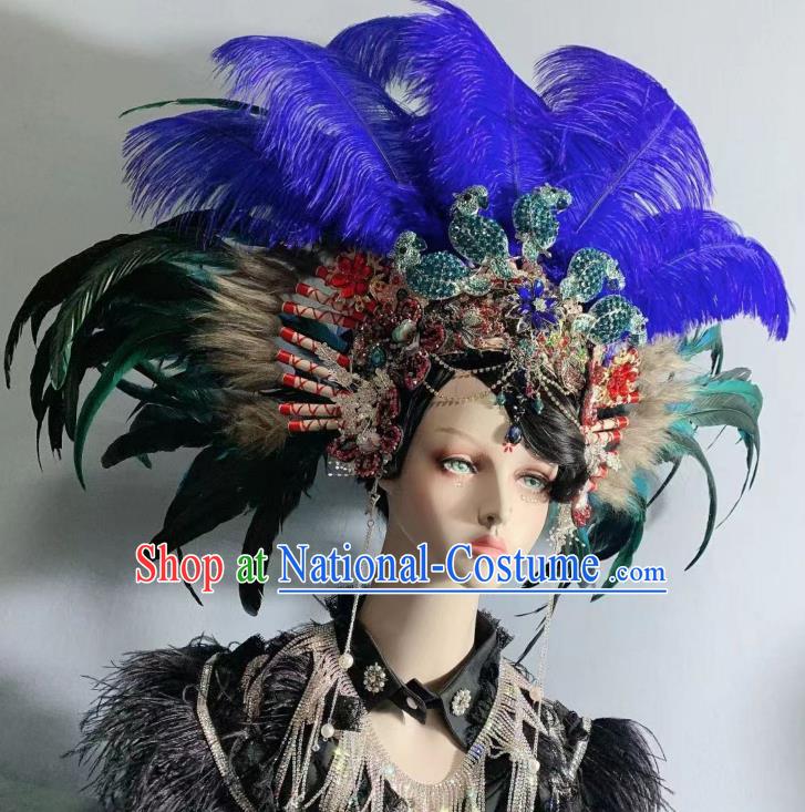 Top Baroque Wedding Bride Royalblue Feather Royal Crown Court Queen Deluxe Headdress Handmade Halloween Stage Show Hair Ornament