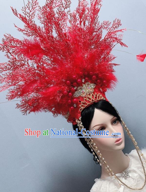 Handmade Chinese Traditional Hair Accessories Ancient Bride Headwear Wedding Red Branch Hair Crown