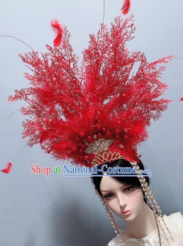 Handmade Chinese Traditional Hair Accessories Ancient Bride Headwear Wedding Red Branch Hair Crown