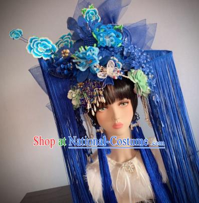 Handmade Chinese Bride Blue Velvet Chrysanthemum Phoenix Coronet Traditional Wedding Hair Accessories Stage Performance Hair Crown