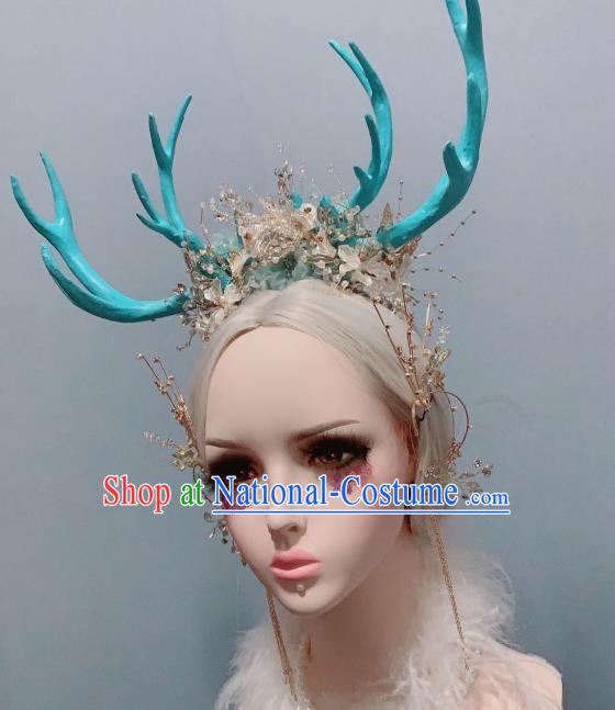 Top Court Handmade Cosplay Blue Antler Royal Crown Stage Show Hair Ornament Baroque Princess Headwear