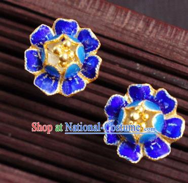 Handmade Chinese Traditional Enamel Royalblue Peony Earrings Jewelry Cheongsam Ear Accessories