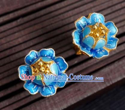 Handmade Chinese Traditional Cheongsam Ear Accessories Enamel Blue Peony Earrings Jewelry