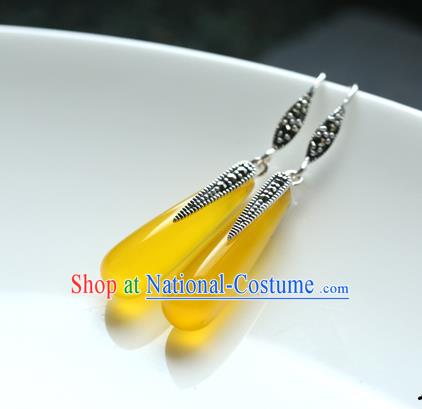 Handmade Chinese Traditional Canary Stone Ear Jewelry Classical Cheongsam Silver Bamboo Leaf Earrings Eardrop Accessories