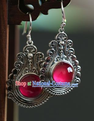 Handmade Chinese Traditional Red Corundum Ear Jewelry Eardrop Accessories Classical Silver Earrings