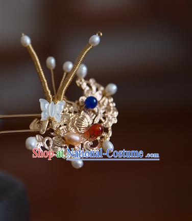 China Ming Dynasty Pearls Butterfly Hair Stick Traditional Hanfu Hair Accessories Ancient Imperial Consort Golden Hairpin