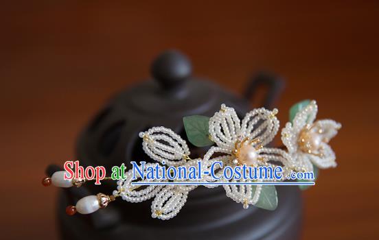 China Song Dynasty Noble Lady Pearls Flowers Hair Stick Traditional Hanfu Hair Accessories Ancient Princess Pear Blossom Hairpin