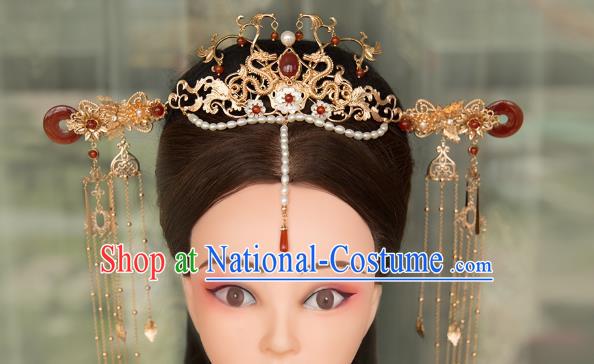 China Ming Dynasty Pearls Tassel Phoenix Coronet Traditional Hanfu Hair Accessories Ancient Court Lady Hair Crown Hairpin