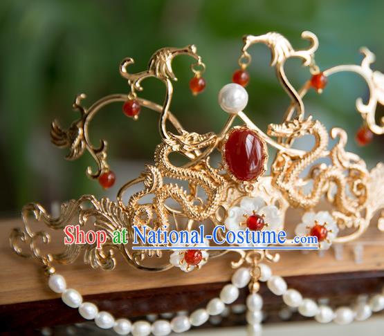 China Ming Dynasty Pearls Tassel Phoenix Coronet Traditional Hanfu Hair Accessories Ancient Court Lady Hair Crown Hairpin