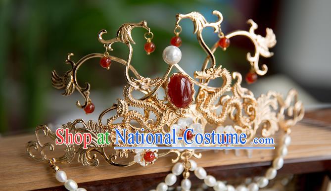 China Ming Dynasty Pearls Tassel Phoenix Coronet Traditional Hanfu Hair Accessories Ancient Court Lady Hair Crown Hairpin