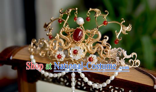 China Ming Dynasty Pearls Tassel Phoenix Coronet Traditional Hanfu Hair Accessories Ancient Court Lady Hair Crown Hairpin