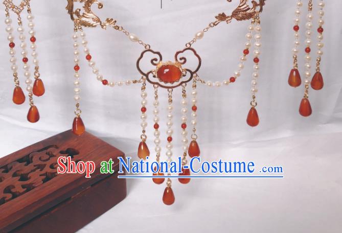 China Traditional Ancient Princess Pearls Tassel Necklace Handmade Ming Dynasty Agate Jewelry Accessories